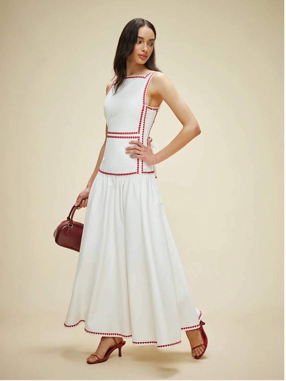 Commense White Cotton Contrast Trim Back Tie Maxi Dress M | Romantic - Picture 3 of 8